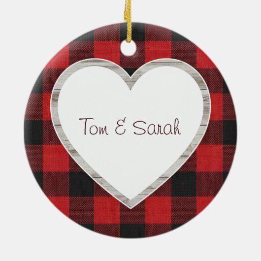 Personalized Buffalo Plaid Heart Rustic  Keramisch Ornament (Achterkant)