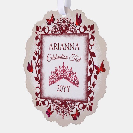 Personalized Burgundy & Beige Butterflies & Tiara Ornament Kaart (Links)