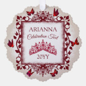 Personalized Burgundy & Beige Butterflies & Tiara Ornament Kaart (Voorkant)
