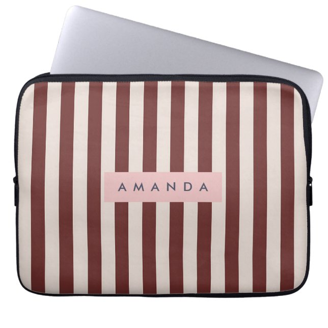 Personalized Burgundy & Ivory Stripe Laptop Sleeve (Voorkant)
