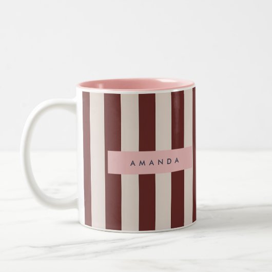 Personalized Burgundy & Ivory Stripe Tweekleurige Koffiemok (Links)