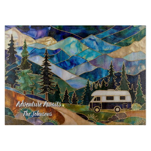 Personalized Camper Glass Cutting Board Adventure Snijplank (Voorkant)