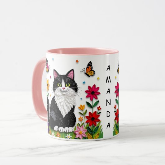 Personalized Cat, Flowers and Butterflies   Mok (Voorkant links)