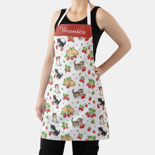 Personalized Cat Mom Strawberry Kitten Kitchen Schort (Insitu)