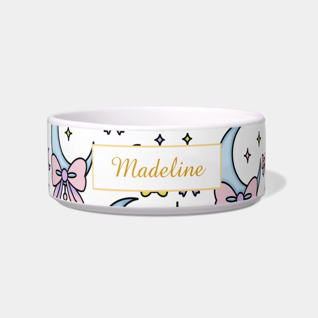 Personalized Cat Name Moon Bows White Bowl Ceramic Voerbakje (Voorkant)
