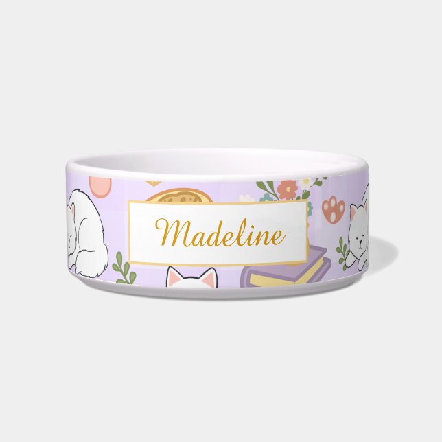 Personalized Cat Name Pastel Purple Bowl Ceramic Voerbakje (Voorkant)