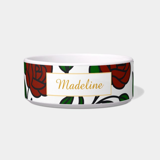 Personalized Cat Name Red Roses Bowl Ceramic Voerbakje (Voorkant)