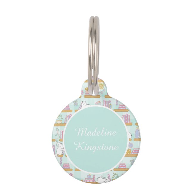 Personalized Cat Name Tag Cat Library Blue Huisdierpenning (Voorkant)