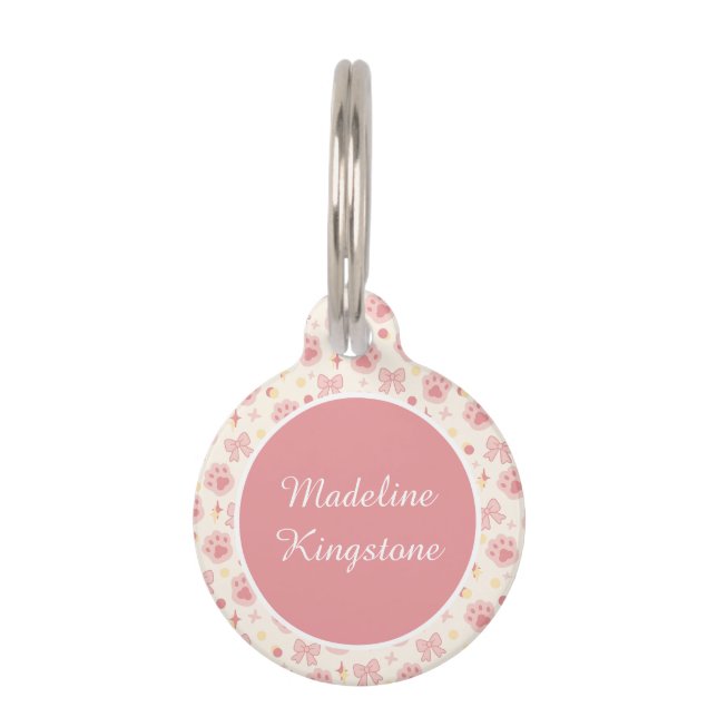 Personalized Cat Name Tag Pink Cat Paws Pastel Huisdierpenning (Voorkant)