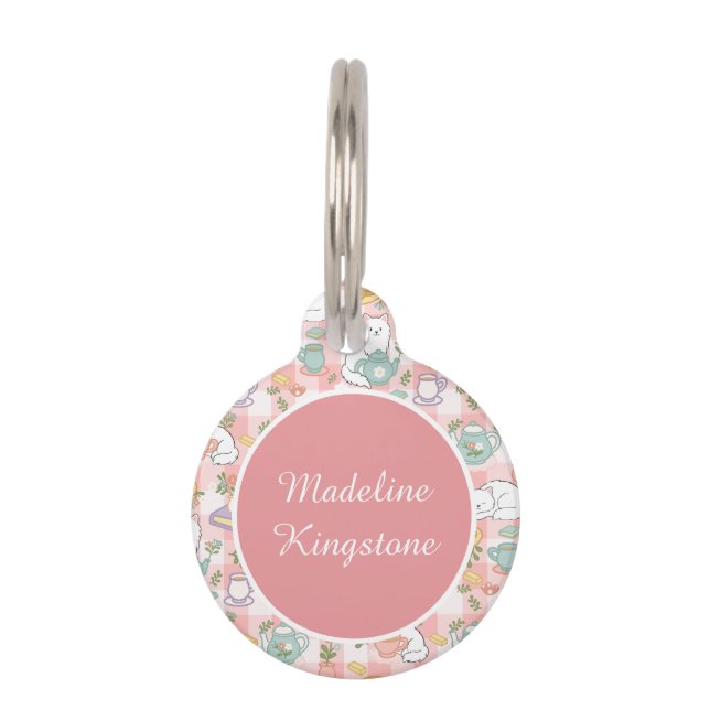 Personalized Cat Name Tag Pink Tea Service Huisdierpenning (Voorkant)