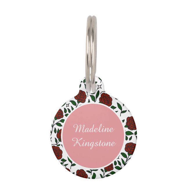 Personalized Cat Name Tag Red Roses Huisdierpenning (Voorkant)