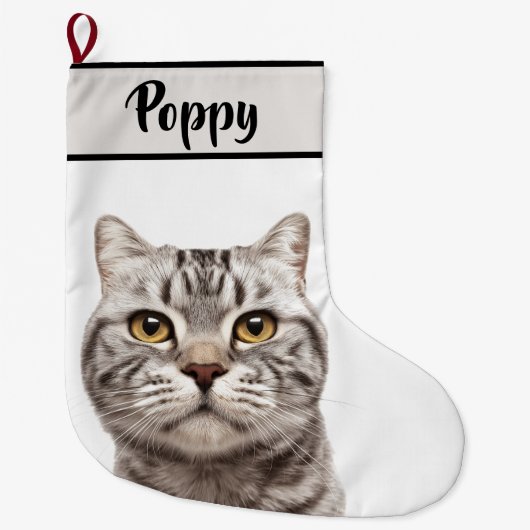 Personalized Cat Photo & Name Christmas Stocking Grote Kerstsok (Voorkant)