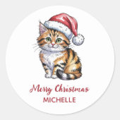 Personalized Cat with Santa Hat Christmas  Ronde Sticker (Voorkant)