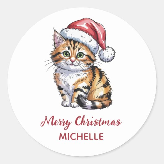 Personalized Cat with Santa Hat Christmas  Ronde Sticker (Voorkant)
