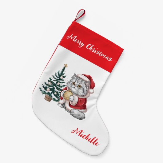 Personalized Cat with Santa Hat Christmas tree     Kleine Kerstsok (Voorkant (Hangend))