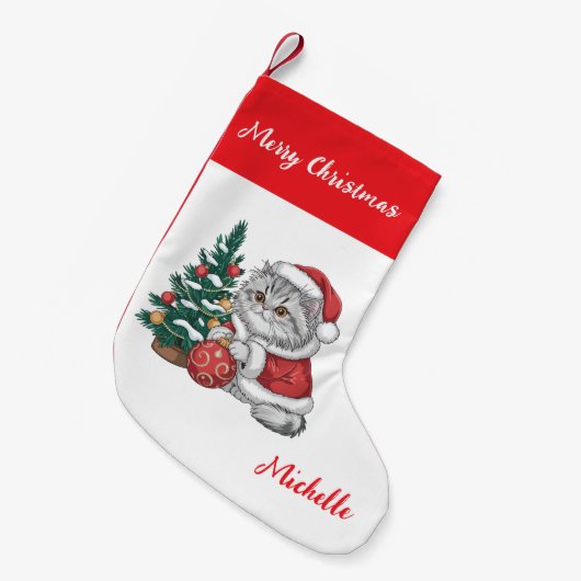 Personalized Cat with Santa Hat Christmas tree Kleine Kerstsok (Voorkant (Hangend))
