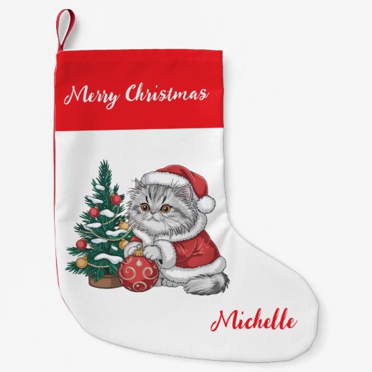 Personalized Cat with Santa Hat Christmas tree     Kleine Kerstsok (Voorkant)