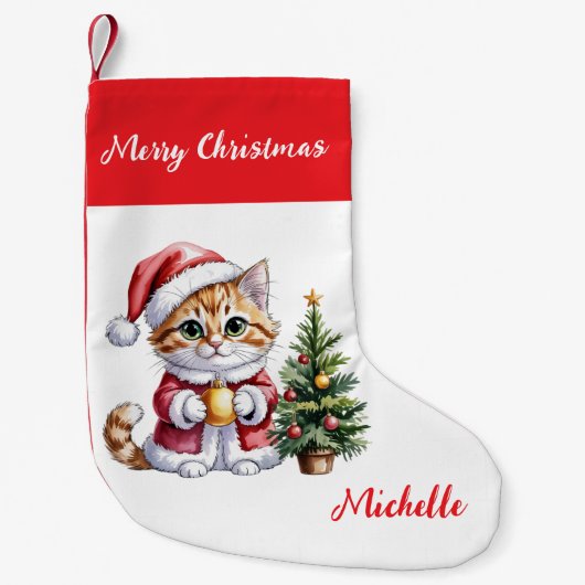 Personalized Cat with Santa Hat Christmas tree     Kleine Kerstsok (Voorkant)