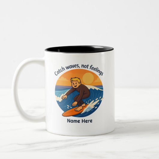 Personalized Catch Waves Not Feelings Surf Tweekleurige Koffiemok (Links)