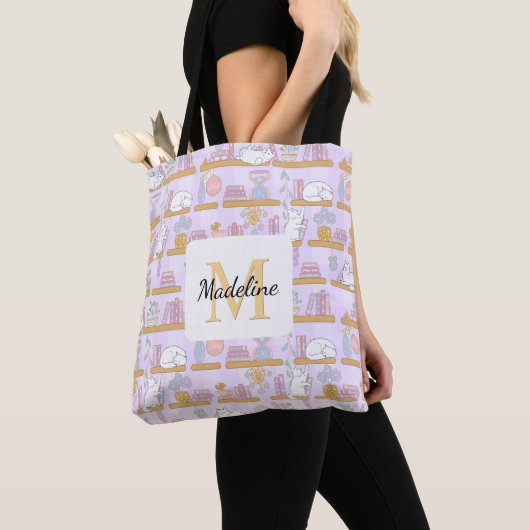 Personalized Cats in the Library Book Girly Purple Tote Bag (Dichtbij)