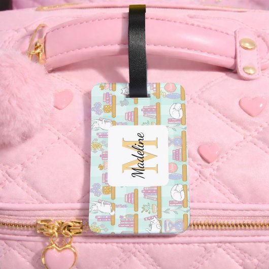 Personalized Cats Library Book Girl Mint Green Bagagelabel