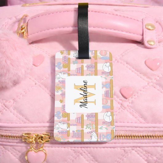 Personalized Cats Library Book Girl Pink School Bagagelabel
