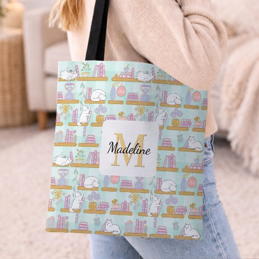 Personalized Cats Library Book Girly Mint Green Tote Bag