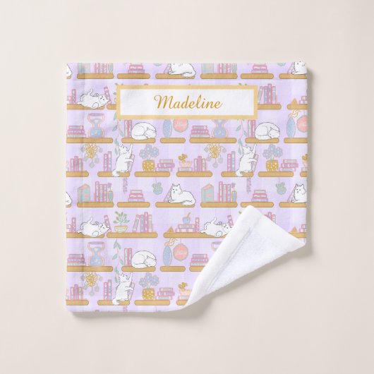 Personalized Cat's Library Bookish Pastel Purple Washandje (Wasdoekje)