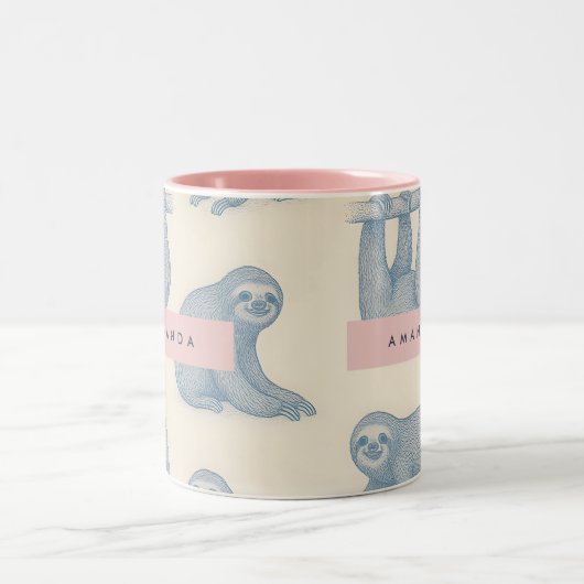 Personalized Charming Elegant Blue Sloth Pattern Tweekleurige Koffiemok (Center)