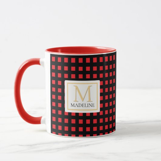 Personalized Checkered Name Mug Red Black Stripe Mok (Links)