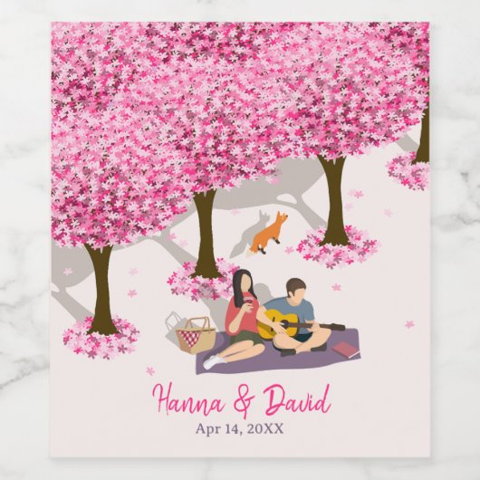 Personalized Cherry Blossom Picnic Wedding Wijn Etiket (Enkel label)