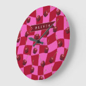 Personalized Cherry Gingham Retro Custom Name Grote Klok (Hoek)