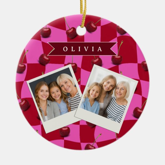 Personalized Cherry Gingham Retro Custom Name Keramisch Ornament (Voorkant)