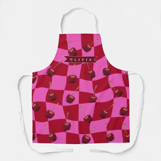 Personalized Cherry Gingham Retro Custom Name Schort (Voorkant)