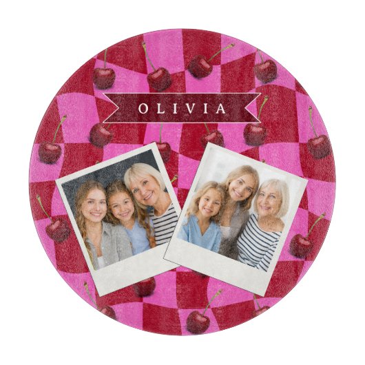 Personalized Cherry Gingham Retro Custom Name Snijplank (Voorkant)