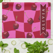Personalized Cherry Gingham Retro Custom Name Theedoek (Gevouwen)