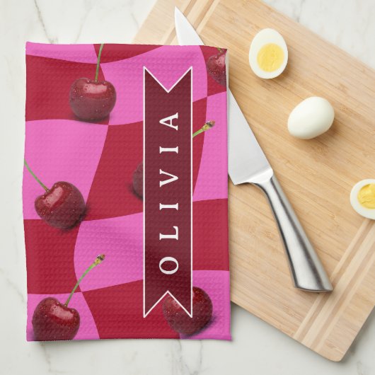 Personalized Cherry Gingham Retro Custom Name Theedoek (Quarter Fold)