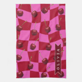 Personalized Cherry Gingham Retro Custom Name Theedoek (Verticaal)