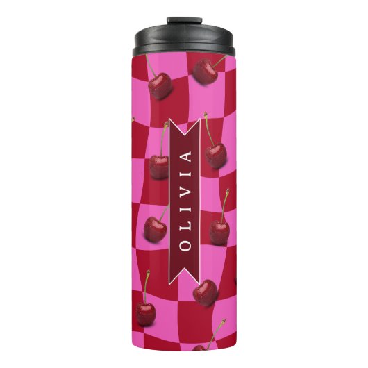Personalized Cherry Gingham Retro Custom Name Thermosbeker (Voorkant)