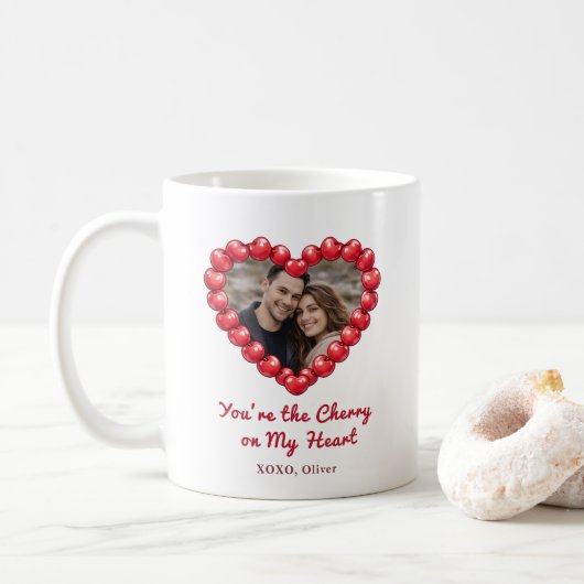 Personalized Cherry Heart Photo  Koffiemok (Met donut)