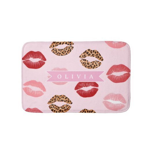 Personalized Chic Pink Leopart Print Lip Pattern Badmat (Voorkant)