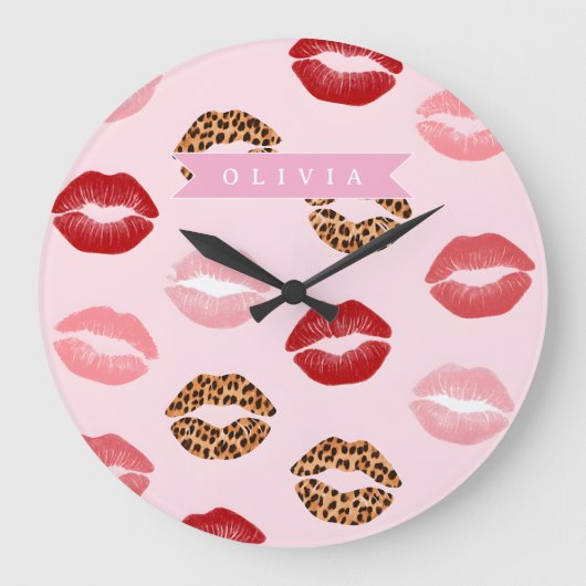 Personalized Chic Pink Leopart Print Lip Pattern Grote Klok (Voorkant)