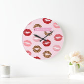 Personalized Chic Pink Leopart Print Lip Pattern Grote Klok (Huis)