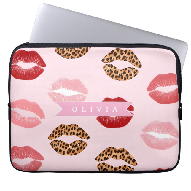 Personalized Chic Pink Leopart Print Lip Pattern Laptop Sleeve (Voorkant)