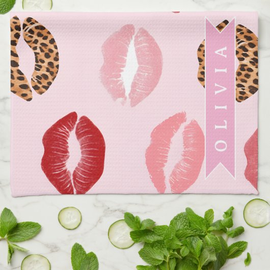 Personalized Chic Pink Leopart Print Lip Pattern Theedoek (Gevouwen)