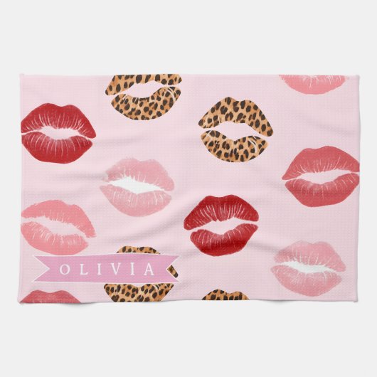 Personalized Chic Pink Leopart Print Lip Pattern Theedoek (Horizontaal)