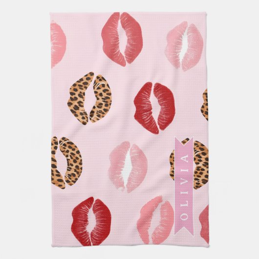 Personalized Chic Pink Leopart Print Lip Pattern Theedoek (Verticaal)