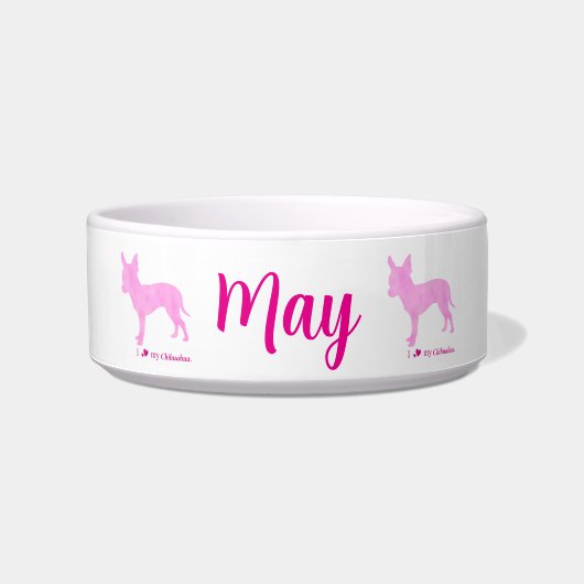 Personalized Chihuahua Pet Bowl  Pink Silhouette  Voerbakje (Voorkant)