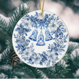 Personalized Chinoiserie Blue White Wreath Bells Keramisch Ornament