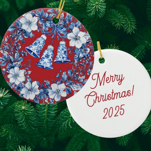 Personalized Chinoiserie Blue White Wreath Bells Keramisch Ornament